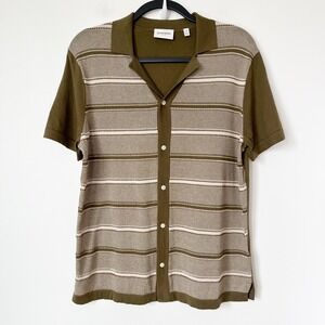 NWOT Bonobos Striped Button Down Short Sleeve Sweater Mens Medium Green Cream